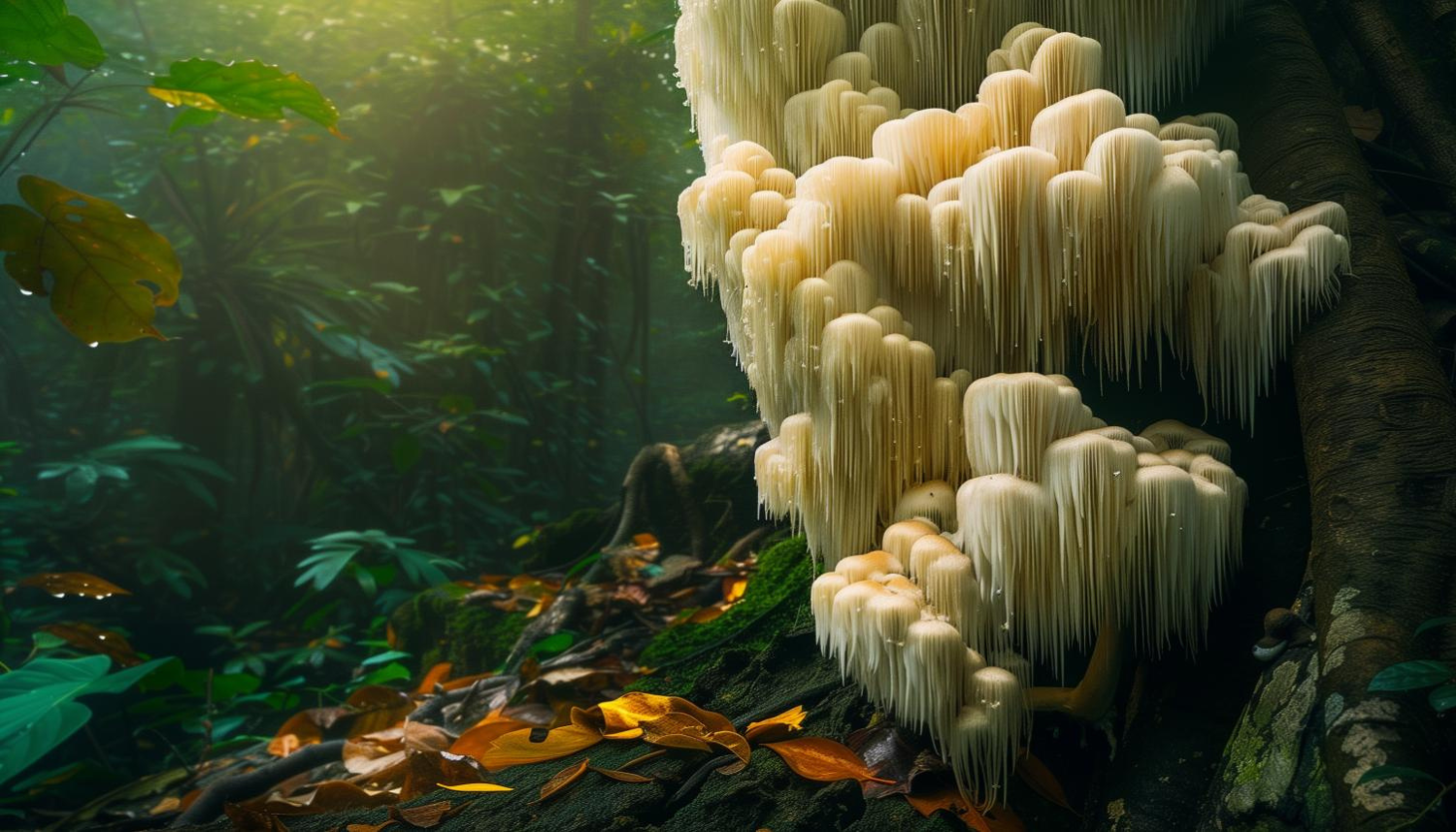 Lion's Mane-paddenstoelen groeien op een boomstam