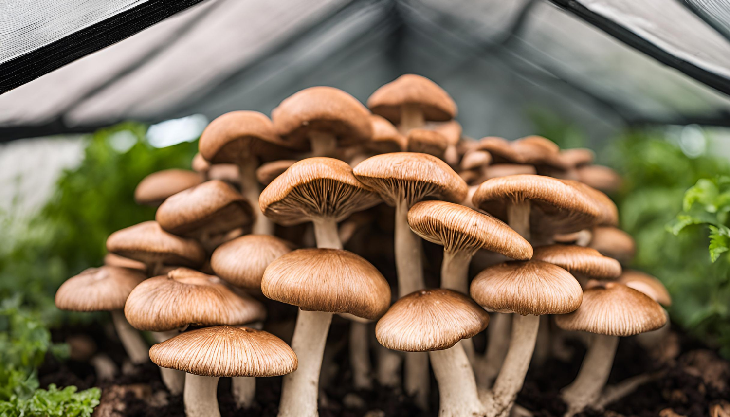 Shiitake-paddenstoelen groeien in een kweektent